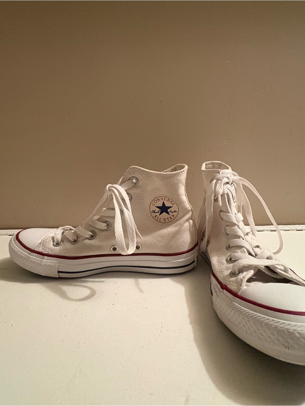 Converse Kids White High Top Chuck Taylor Sneakers with Red Stripe